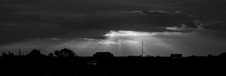 shadows, sunset, silhouette, landscape, sky, night, housing HD wallpaper