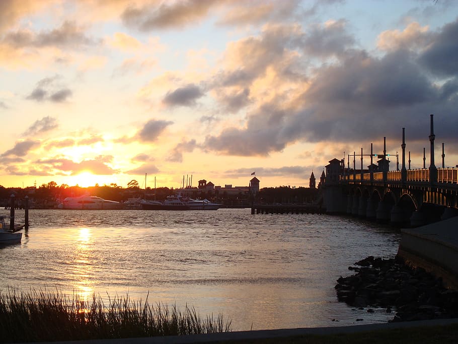 sunset, bridge, lake, sky, landscape, water, abendstimmung HD wallpaper