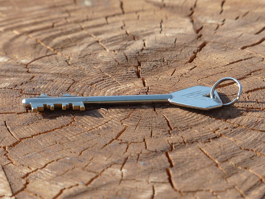 silver-colored skeleton key on brown wood slice, safe key, door key HD wallpaper