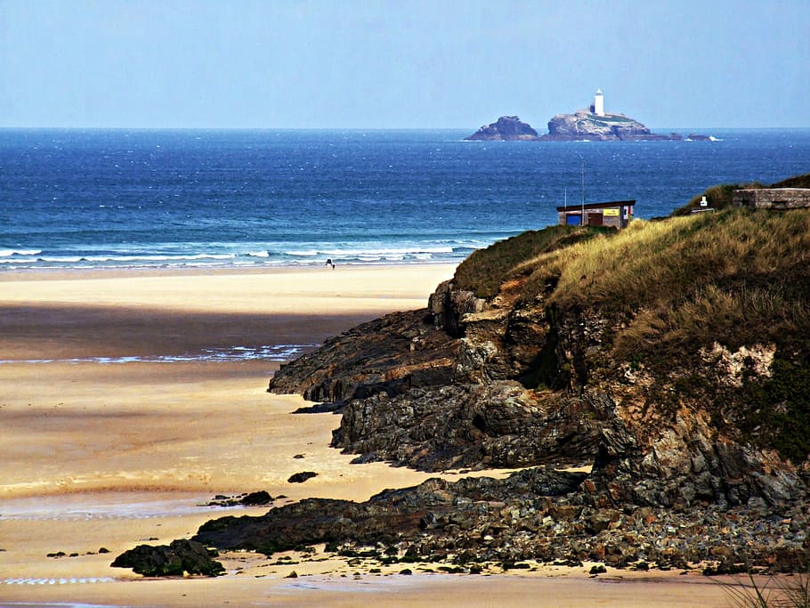 godrevy, lighthouse, cornwall, beach, sea, coastline, england HD wallpaper