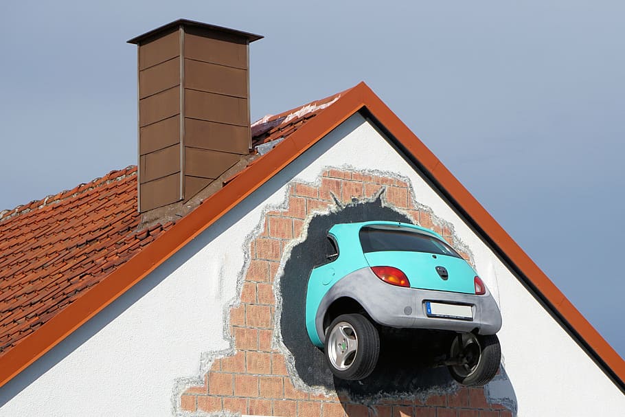 white and brown house, auto, wall, breakthrough, art, accident HD wallpaper