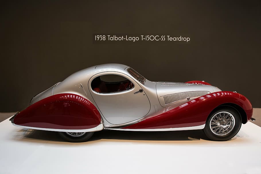 1938 red and silver Talbot-Logo T150C-SS Teardrop, car, 1938 talbot-lago t-150c-ss teardrop, HD wallpaper