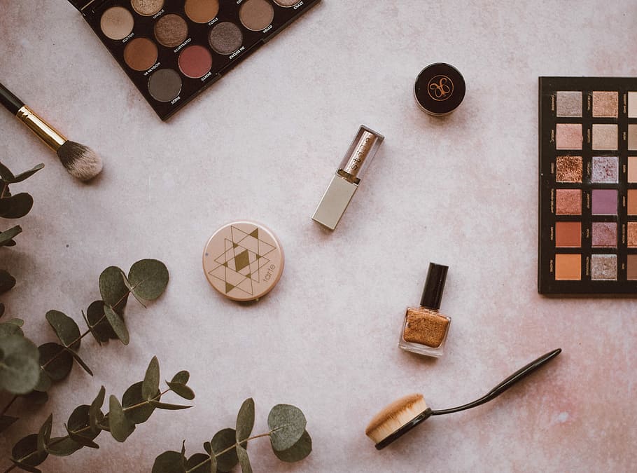 Make up, women's makeup palettes on white board beside plant HD wallpaper