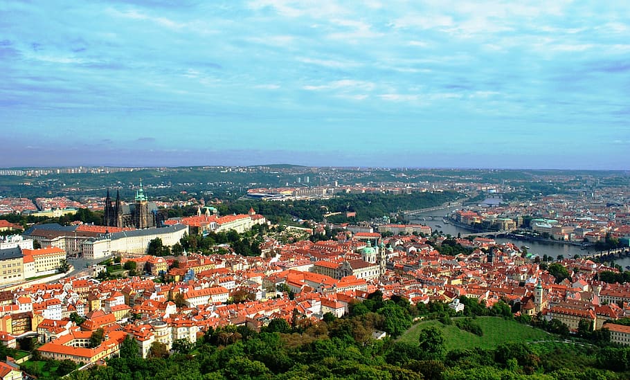 aerial photo of houses and trees, prague, view, castle, vltava HD wallpaper