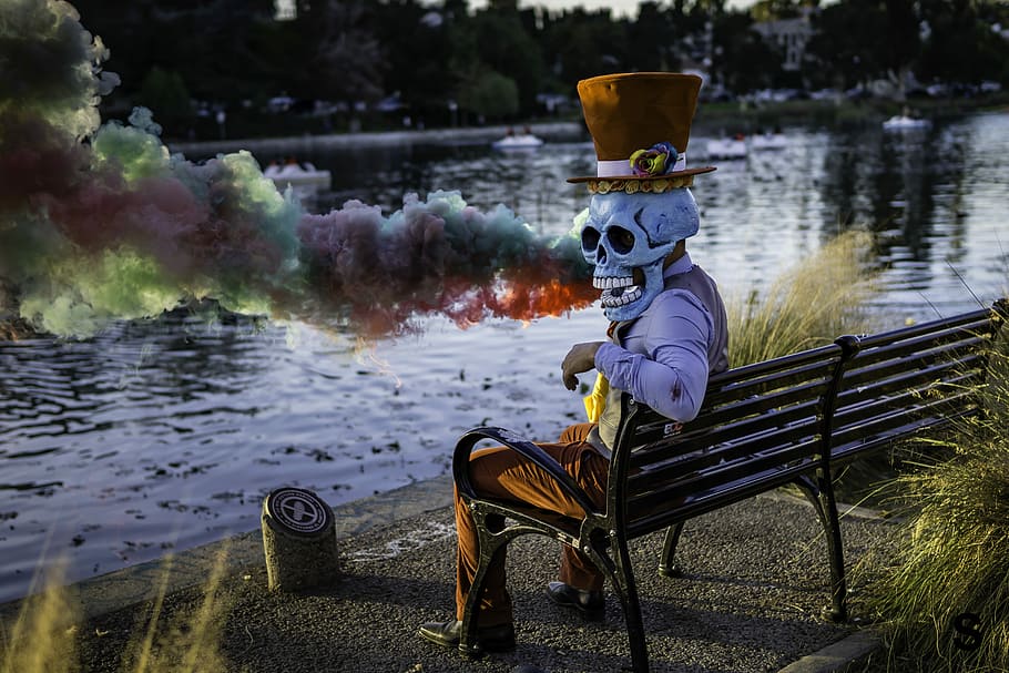 person wearing skull mask costume sitting on bench, man wearing human skeleton mask while sitting on bench near body of water, HD wallpaper