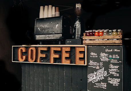 brown coffee signage beside poster, black coffee bar, orange HD wallpaper