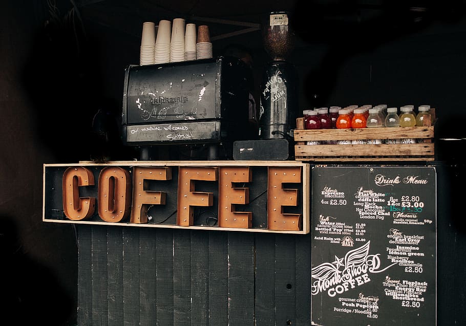 brown coffee signage beside poster, black coffee bar, orange HD wallpaper