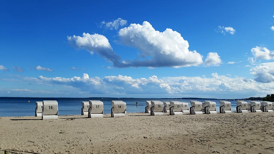 beach, klink, sky, clouds, beach chair, water, sea, nature HD wallpaper