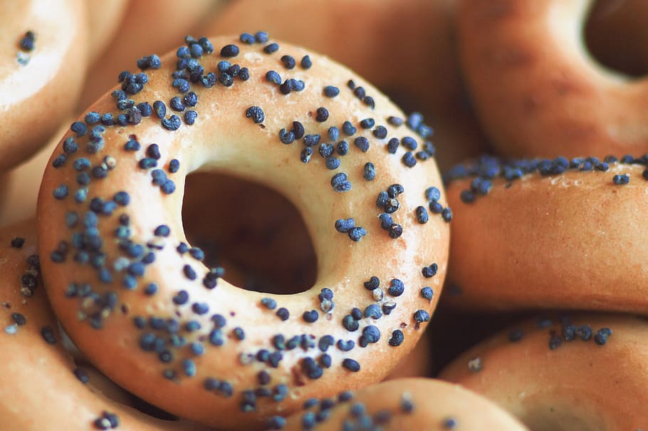 donuts with toppings, bread, close-up, dessert, doughnuts, food HD wallpaper