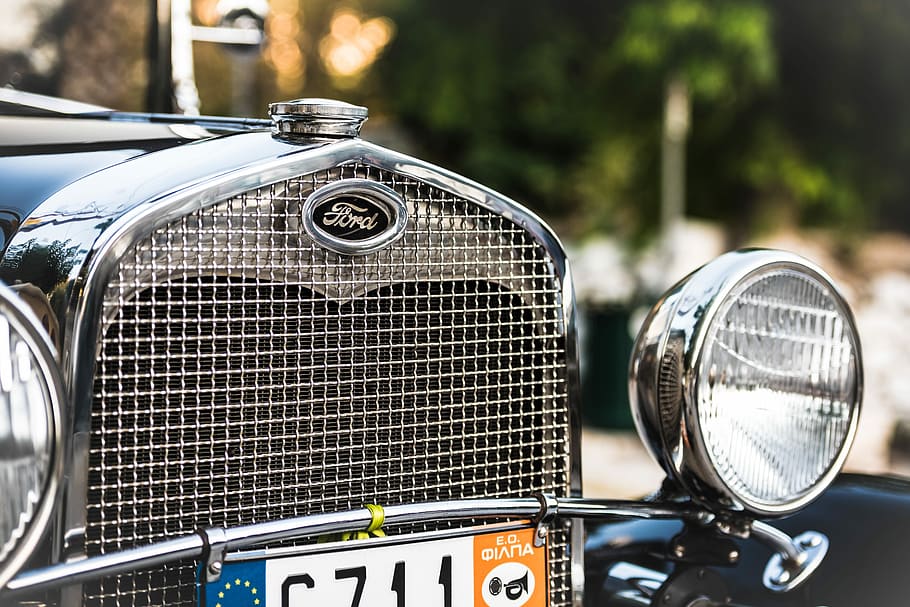 photo of black Ford vehicle, classic black Ford car, headlamp HD wallpaper