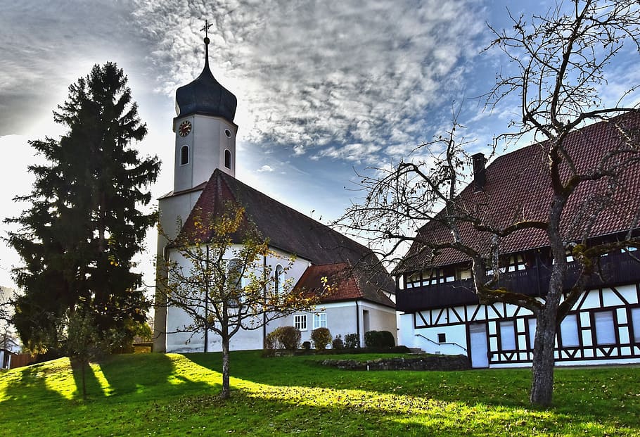 church, sun, shadow, sky, back light, truss, idyll, built structure HD wallpaper