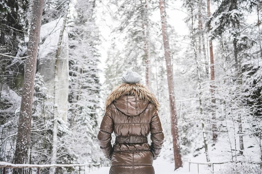 Girl in Winter Jacket Walking in Snowy Forest, cold, fashion