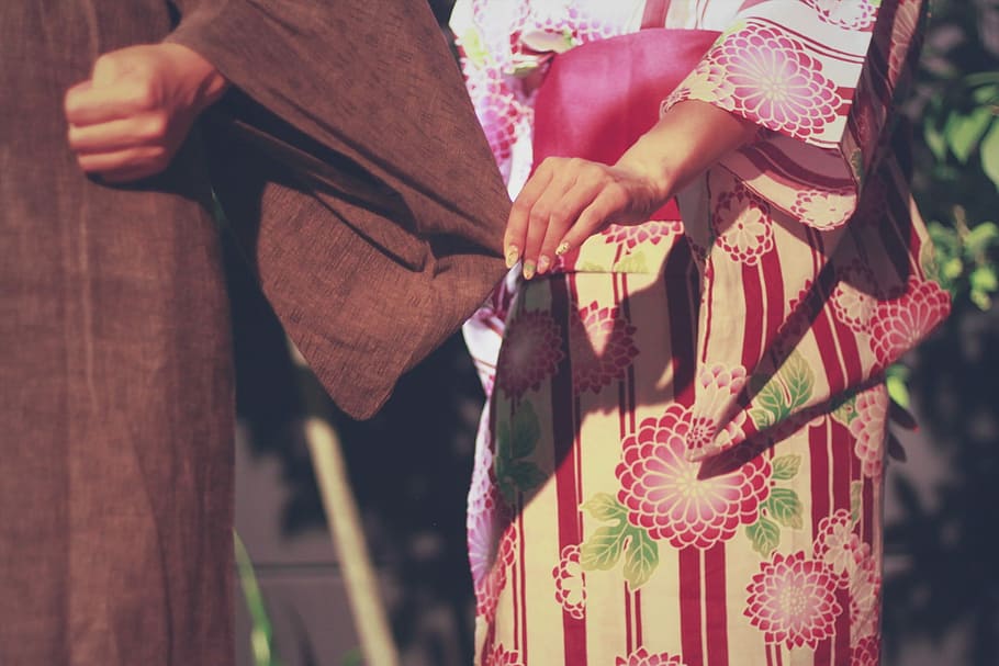 pink and brown floral kimono, cultures, people, women, outdoors HD wallpaper