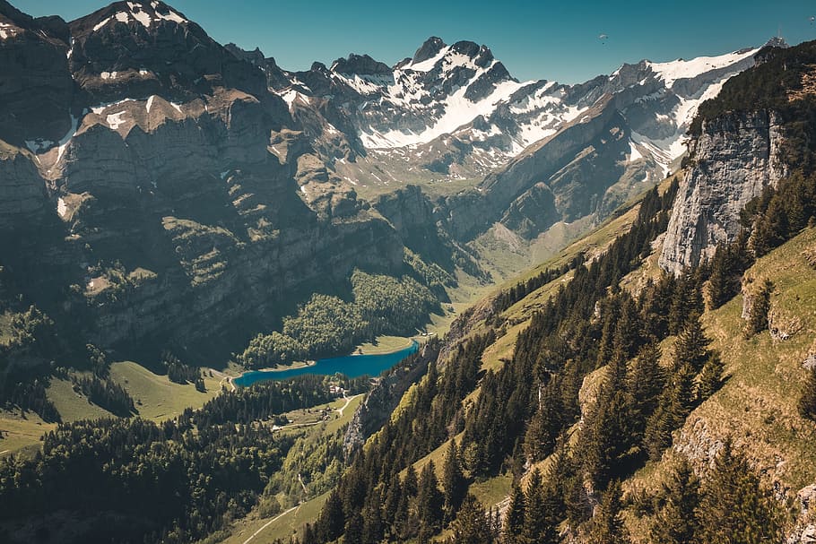 landscape photo of mountains, Alps of Switzerland, valley, canyon HD wallpaper