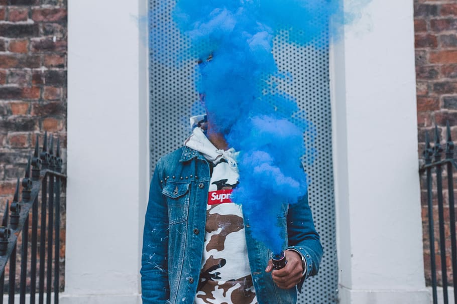 Hide My Face, person using vape, smoke, blue, flare, doorway HD wallpaper