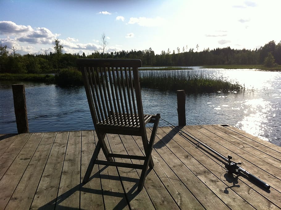 Lake, Fish, Rest, Mood, Peaceful, Nature, fishing rod, wooden chair HD wallpaper