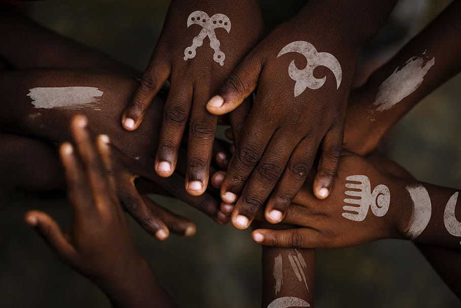 people hands with white body paint, human Hand, togetherness HD wallpaper