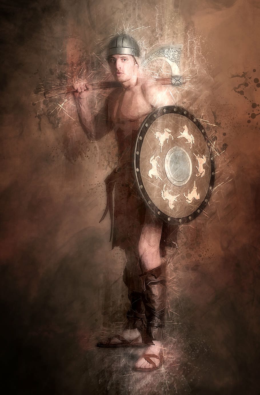 man wearing round silver-and-black shield and axe painting HD wallpaper