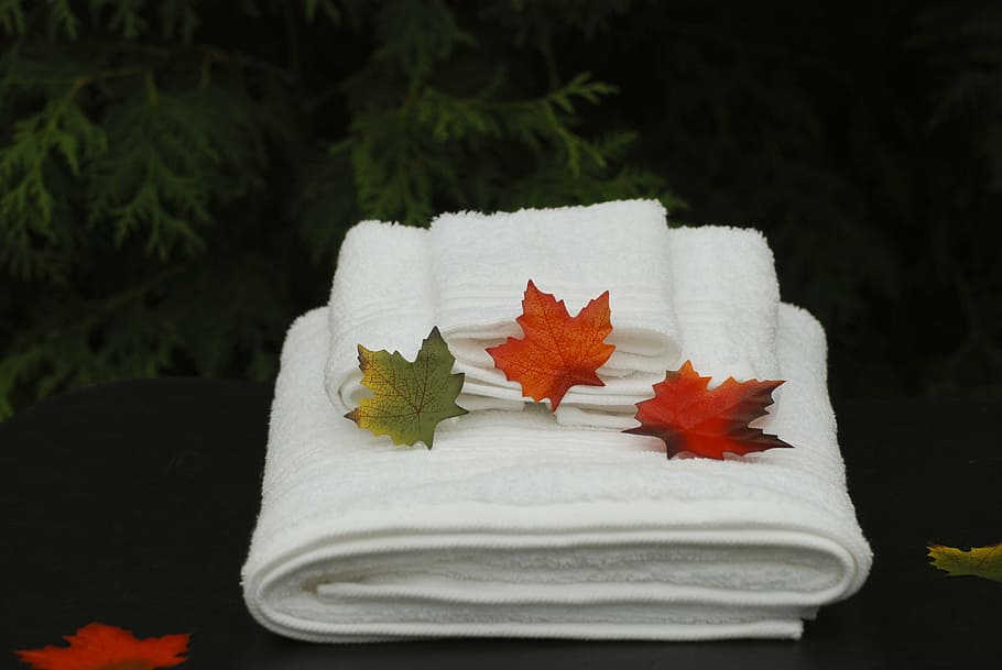 white towels with leaves, spa, health, treatment, care, relaxation, HD wallpaper