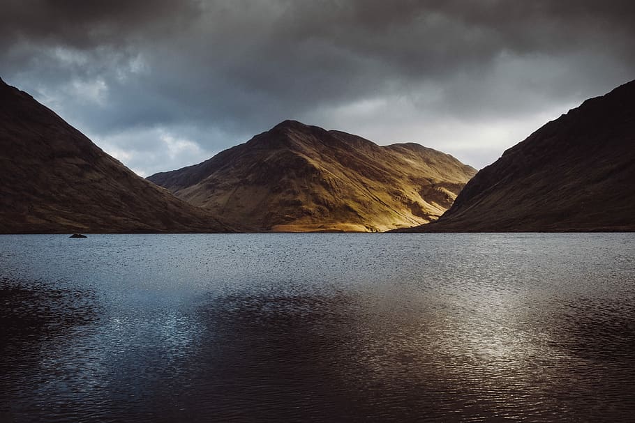 body of water near mountains, landscape photo of mountain near body of water HD wallpaper
