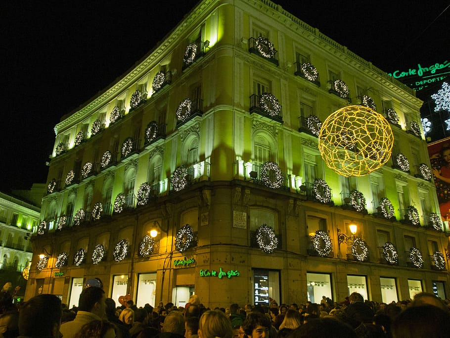 lights, christmas, facade, madrid, building exterior, built structure HD wallpaper