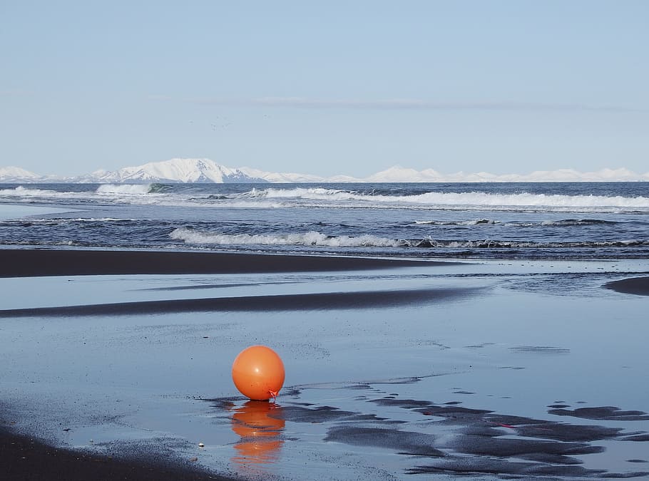 Ocean, Beach, Wave, Balloon, Orange, a balloon, sand, snow HD wallpaper