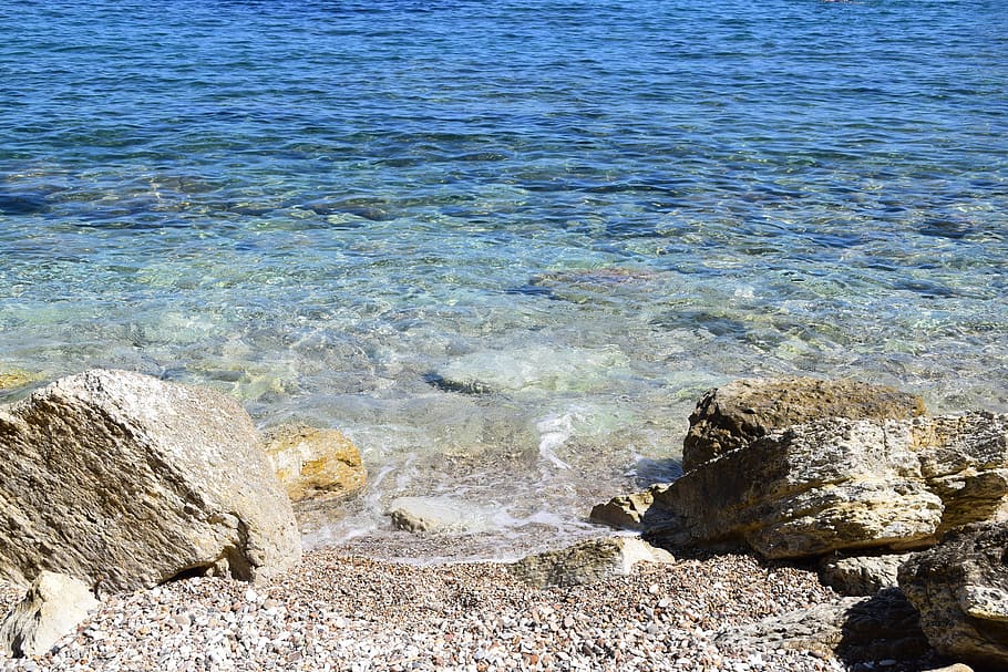 beach, blue, light blue, ocean, stones, outlook, sea, sky, most beach HD wallpaper