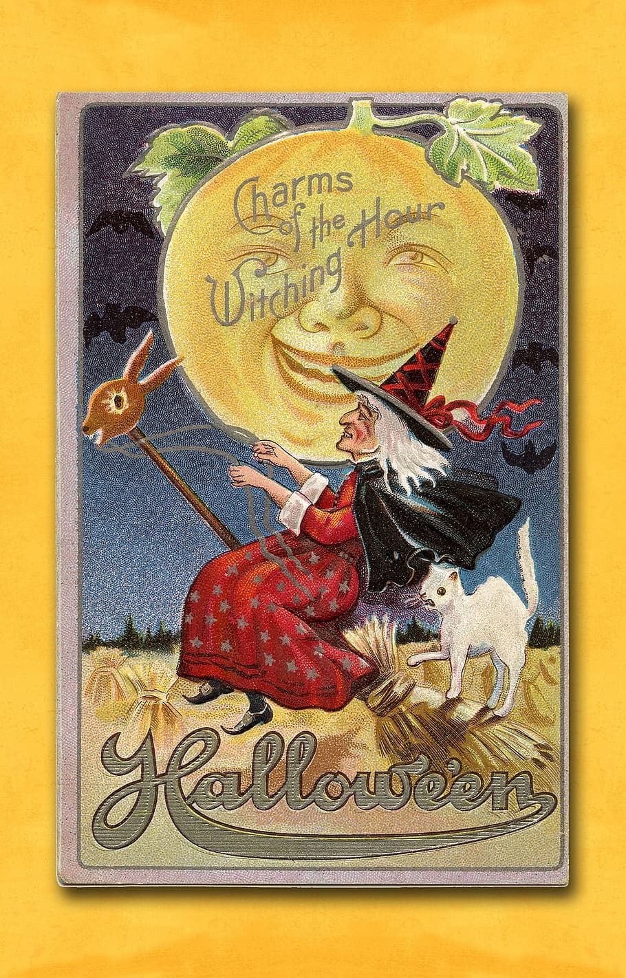 halloween, vintage, card, witch, moon, holiday, retro, poster, HD wallpaper