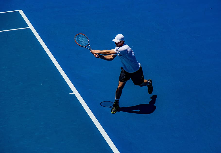 man in white shirt and black shorts playing tennis, sport, men, HD wallpaper