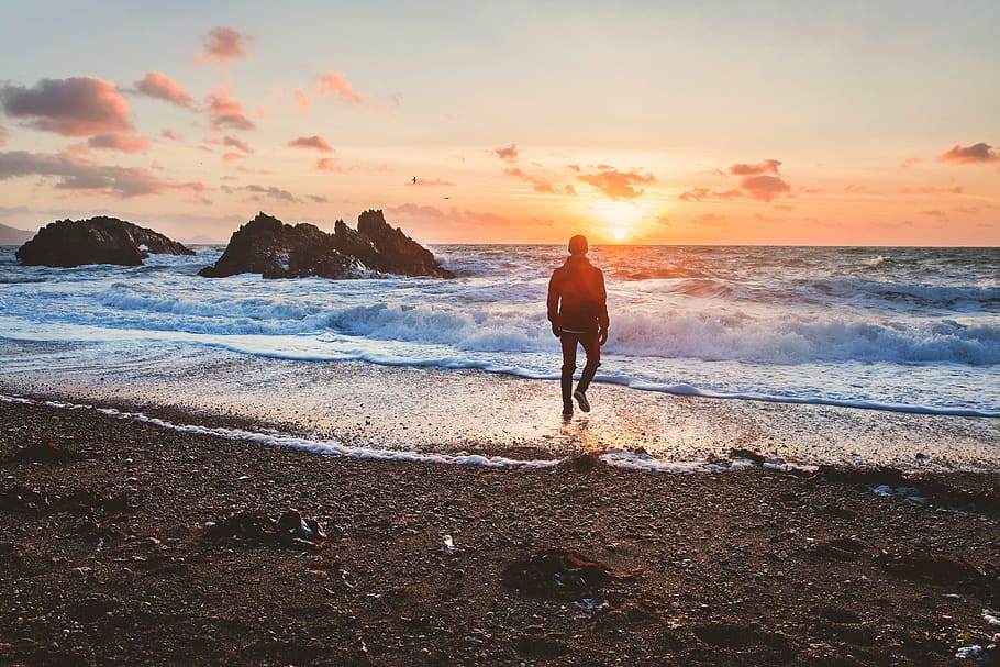 person walking on seashore, guy, man, travel, wanderlust, rocks, HD wallpaper
