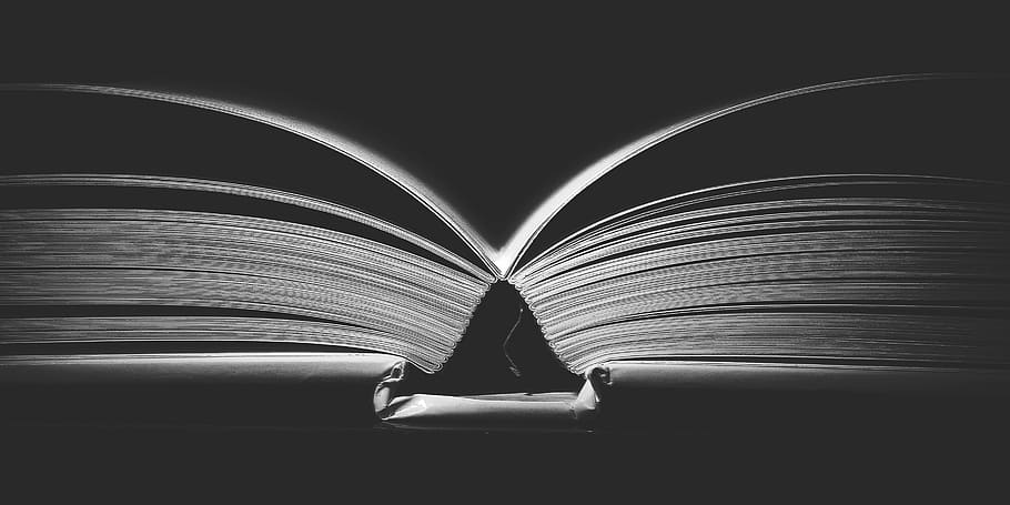 grayscale photography of book, dark, room, binding, black and white