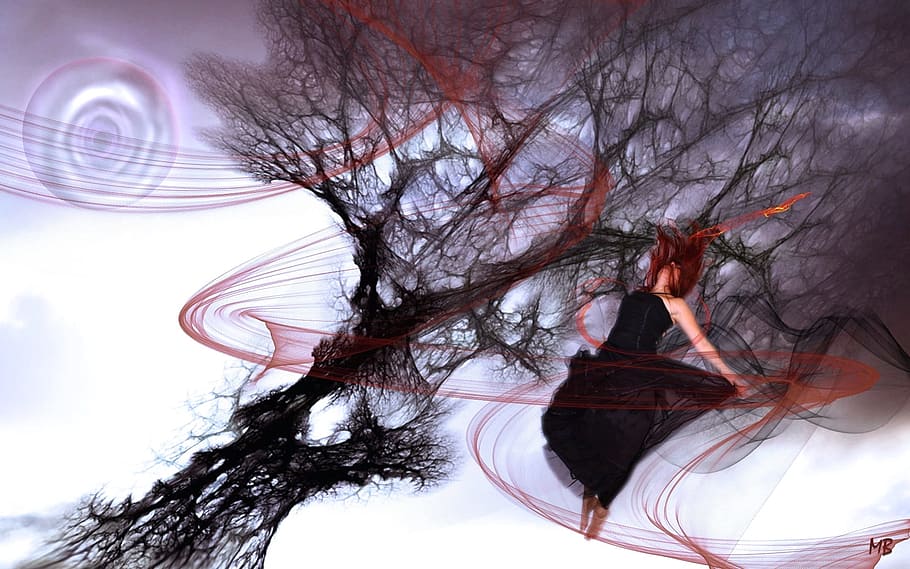 female anime character floating screenshot, Wind, Storm, Hurricane HD wallpaper