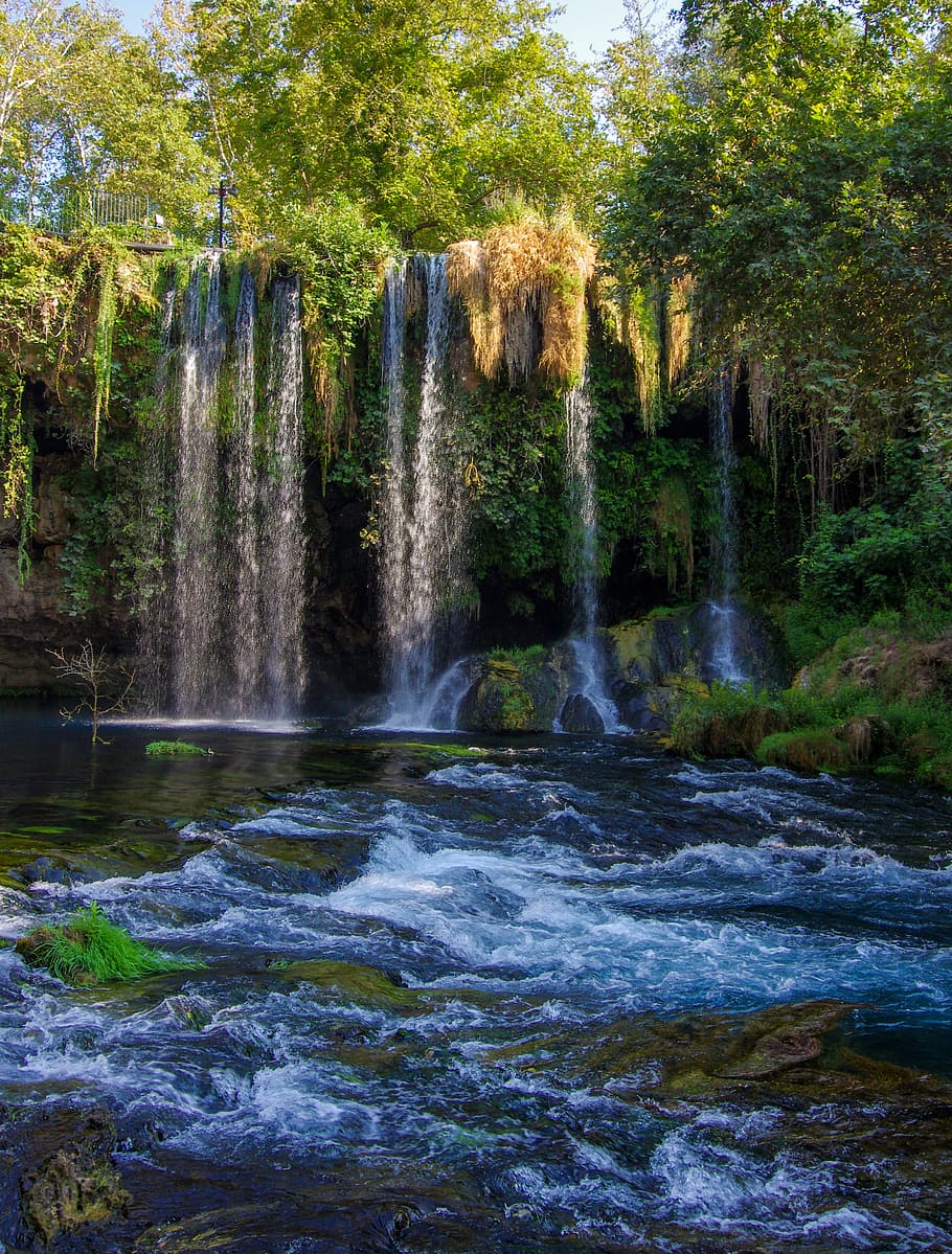 duden waterfalls, antalya, green, river, cascade, peace, blue, HD wallpaper
