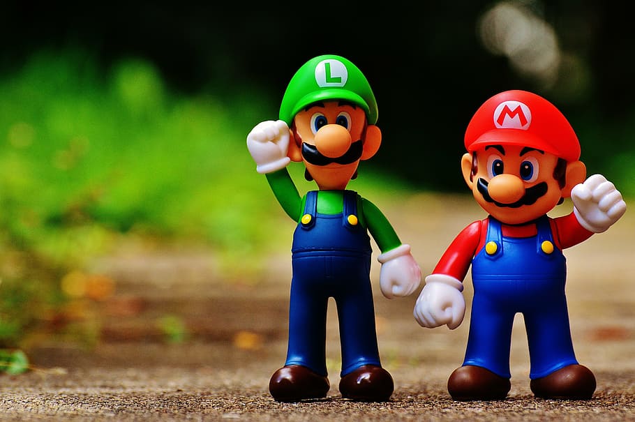 selective focus photography of Mario and Luigi figurines, figures, HD wallpaper