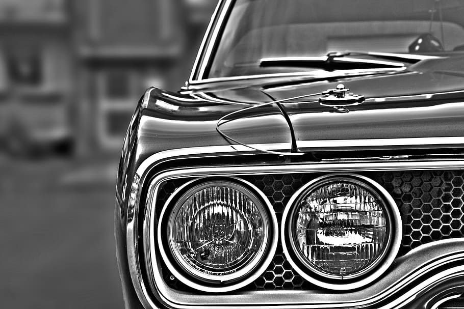grayscale photo of car, auto, spotlight, lamp, oldtimer, automotive HD wallpaper