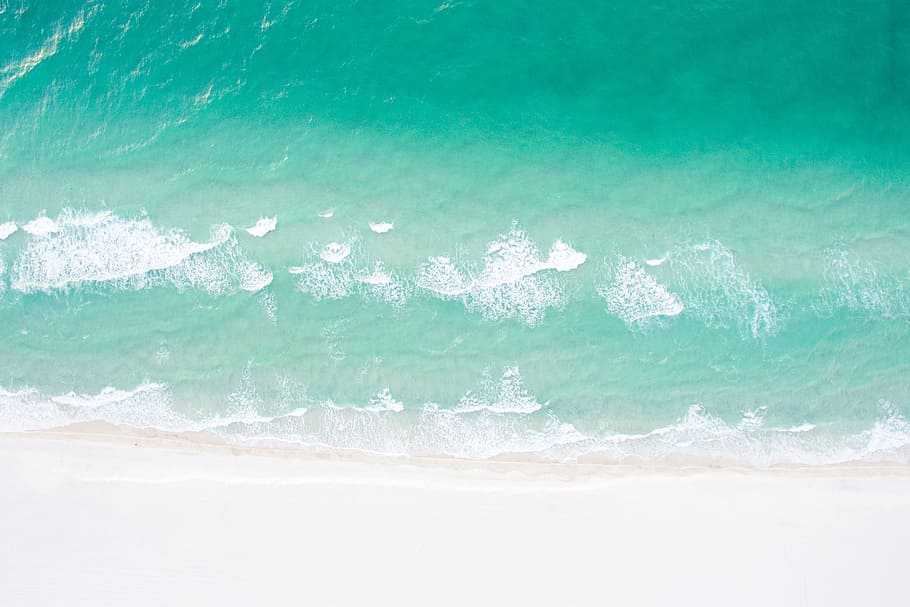 Aerial drone shot of a sandy beach and ocean in the summer, nature