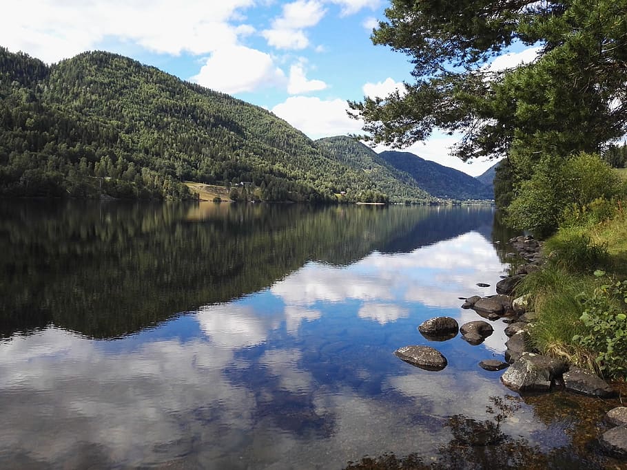 fjord, lake, water, mountain, norway, hardanger, clouds, landscape, HD wallpaper