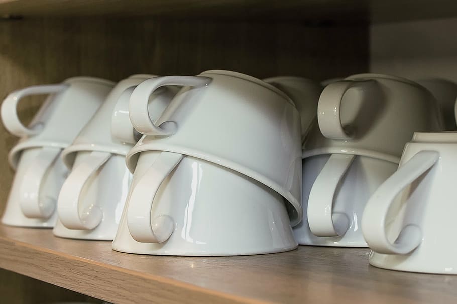 cup, coffee cup, beverages, drink, shelf, cabinet, indoors HD wallpaper