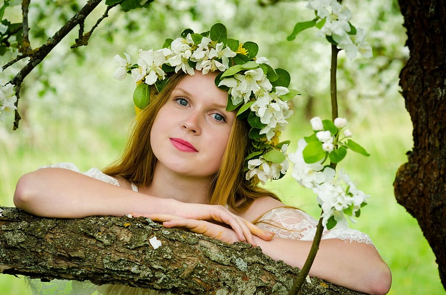 woman in green and white floral headdress, spring, flowers HD wallpaper