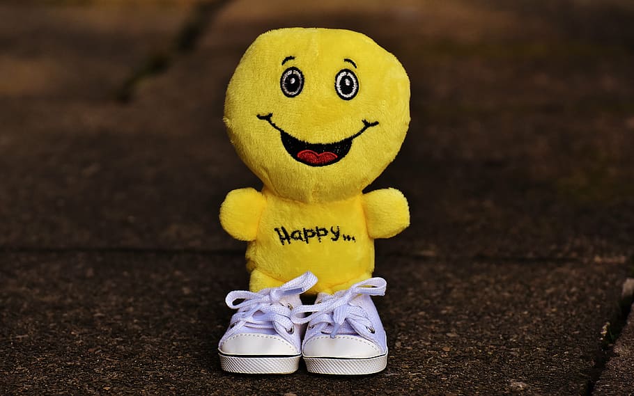 selective focus photography of happy plush toy with shoes, smiley