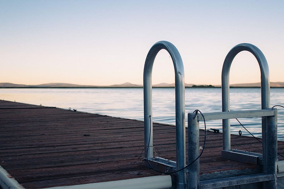 image contains gray metal bridge ladder during golden hour, dock HD wallpaper