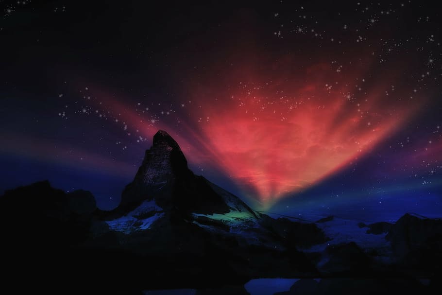 red and green aurora borealis wallpaper, matterhorn, swiss, fantasy, HD wallpaper