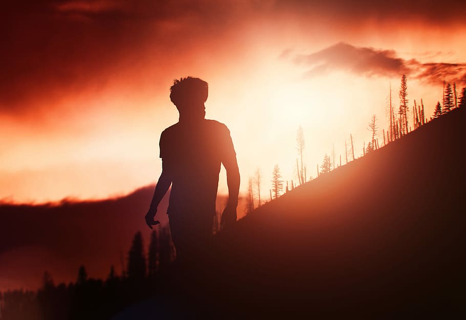 silhouette of man, sunset, hillside, person, outdoor, white, red HD wallpaper
