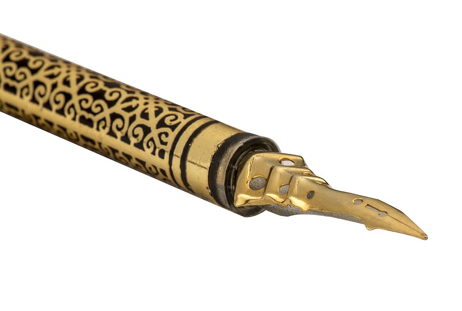 brass steel frame, pen, golden, education, write, note, ink HD wallpaper