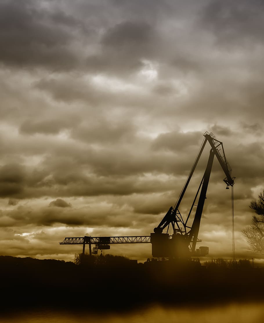 industry, sunset, sky, silhouette, waters, cloud - sky, nature HD wallpaper