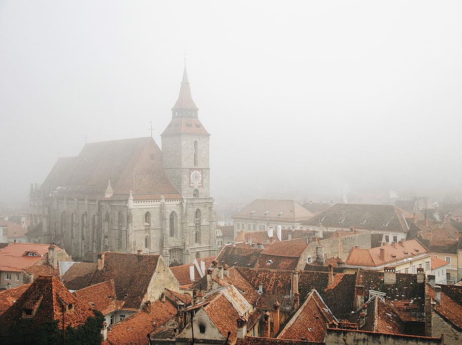 aerial shot of buildings, village full of fog, mist, cloud, architecture HD wallpaper