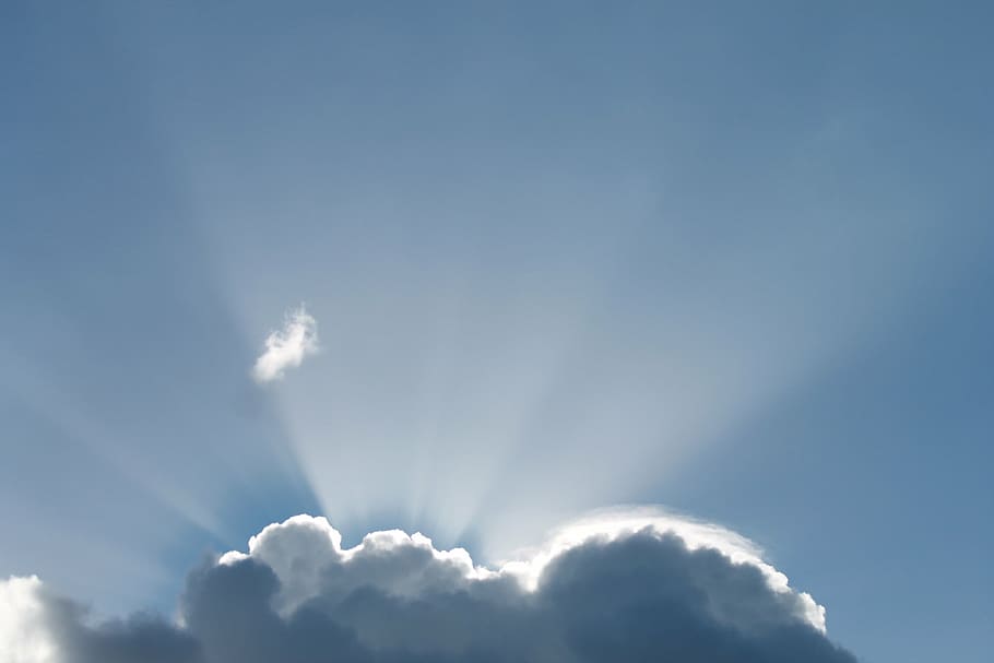 sun rays, clouds, blue sky, nature, air, heaven, summer, white HD wallpaper