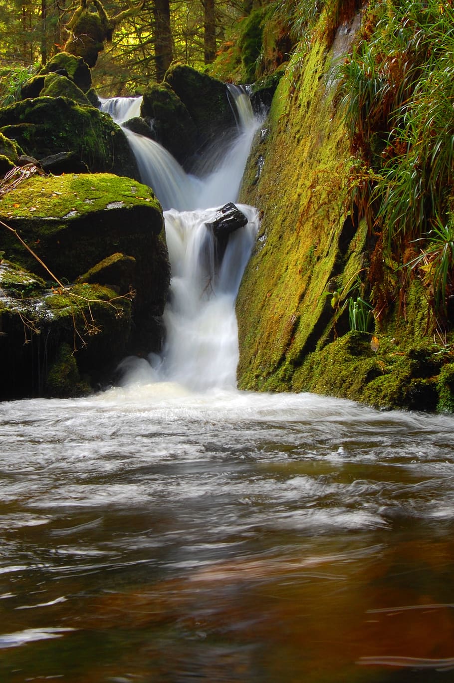 waterfall, stream, green, flowing, environment, river, outdoor HD wallpaper