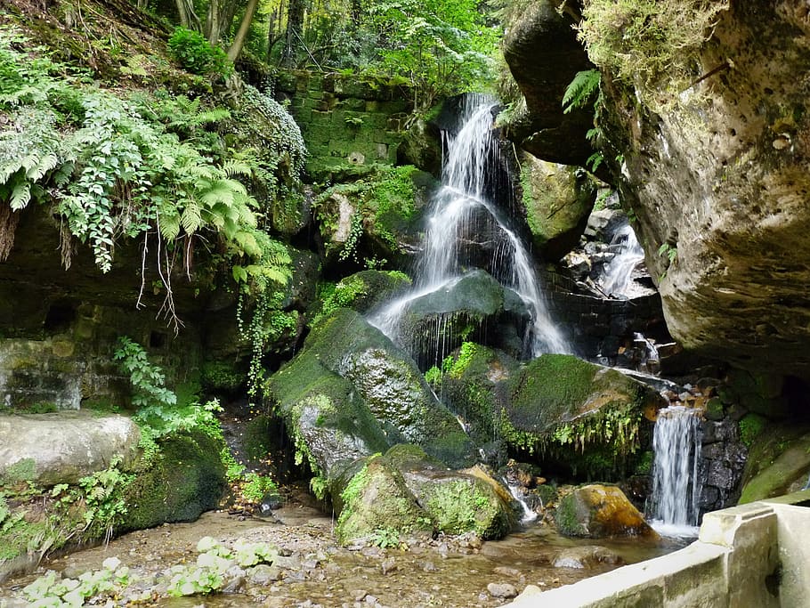 waterfall, light hain, saxon switzerland, drizzle, mystical, HD wallpaper