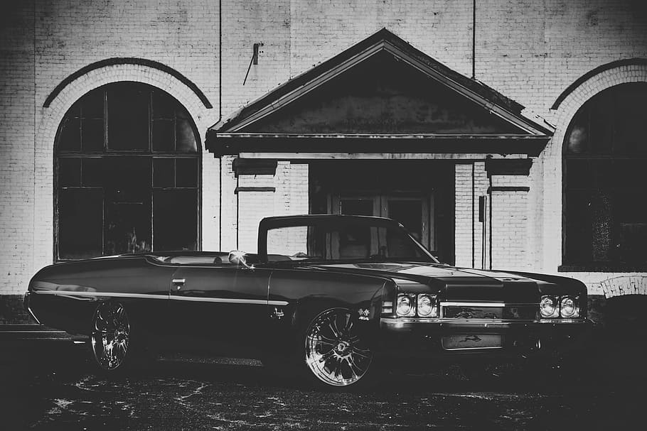 grayscale photography of convertible, grayscale photo of convertible parked in front of house HD wallpaper